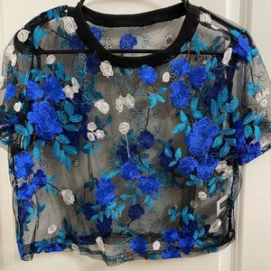 See through embroidered lace crop top. Size medium, like new. Black/blue